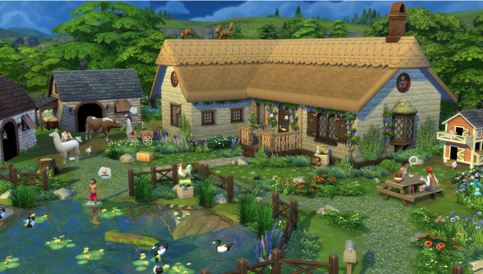 Sims tending animals and oversized crops in Henford-on-Bagley countryside.
