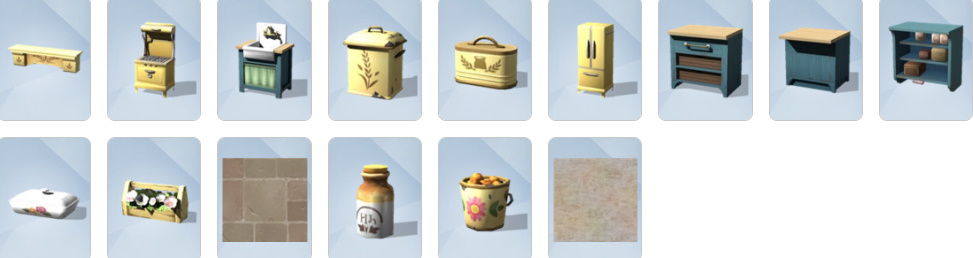 A cosy Sims 4 kitchen featuring rustic cabinets and appliances from Country Kitchen Kit.