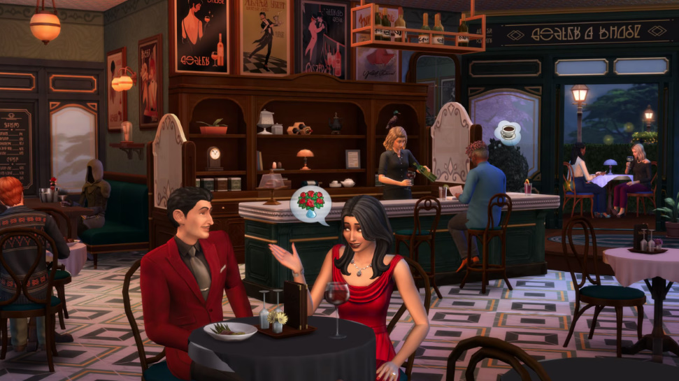 Sims enjoying food in a rustic café decorated with Cozy Bistro furniture.