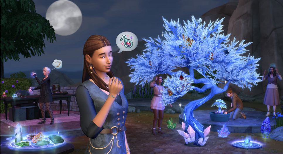A Sim crafting jewelry at the Gemology Table surrounded by crystals and moonlight.