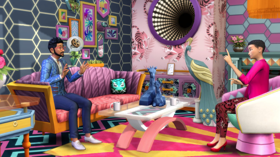 Sims showing off bold maximalist rooms with vibrant furniture and décor.