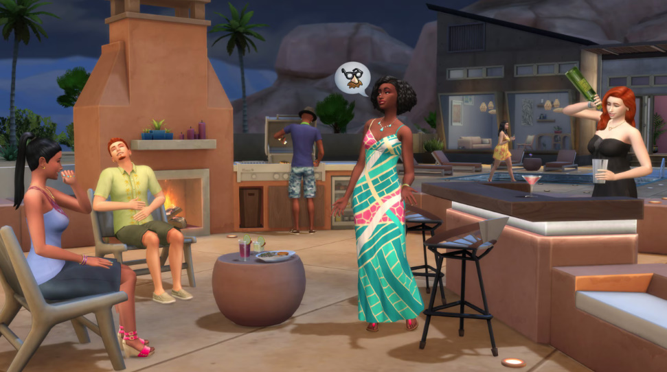 Sims homes styled with Desert Luxe modern furniture and warm tones.
