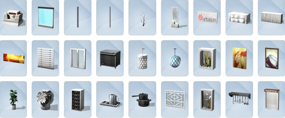 Restaurant furniture, decor, and kitchen equipment from The Sims 4: Dine Out Build/Buy catalogue.