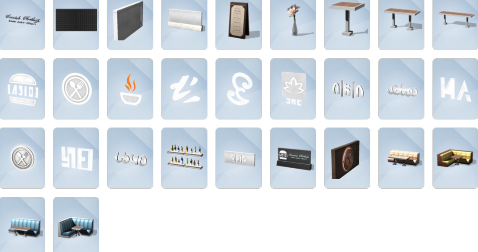 Restaurant furniture, decor, and kitchen equipment from The Sims 4: Dine Out Build/Buy catalogue.