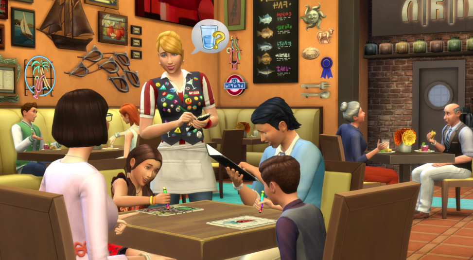 Sims dining at a restaurant with waiters serving food and chefs cooking in The Sims 4: Dine Out.