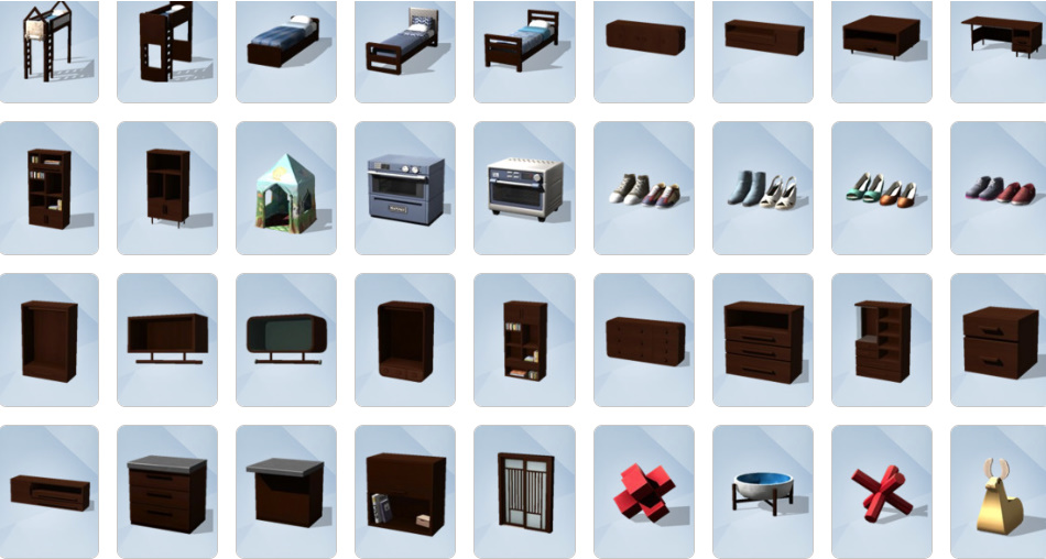 Modular sofas, shelving units, and stylish modern furniture from The Sims 4: Dream Home Decorator Build/Buy catalogue.