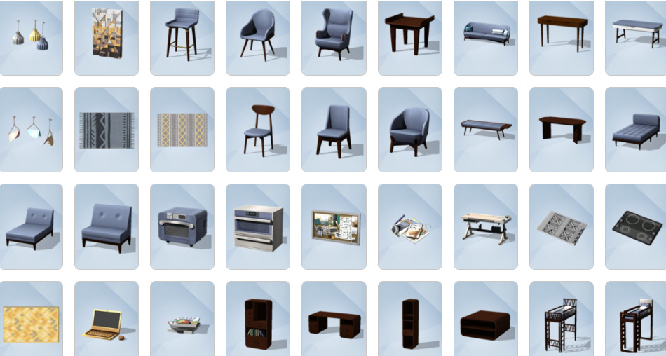 Modular sofas, shelving units, and stylish modern furniture from The Sims 4: Dream Home Decorator Build/Buy catalogue.