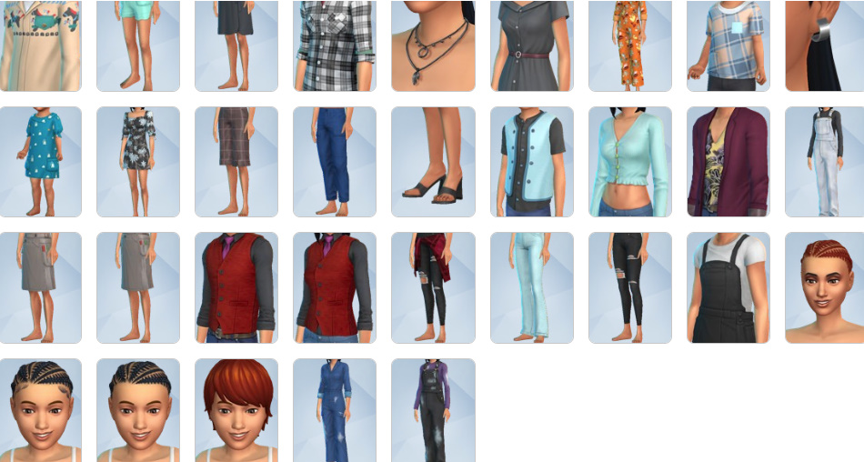 Professional work outfits, stylish hairstyles, and casual designer clothing from The Sims 4: Dream Home Decorator CAS.