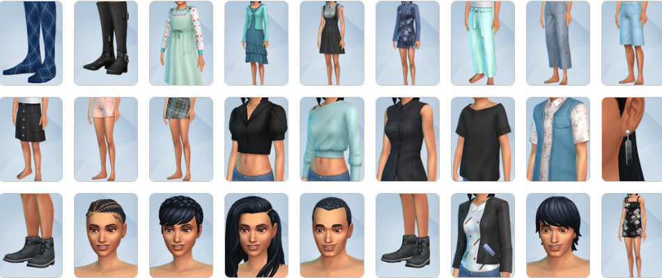 Professional work outfits, stylish hairstyles, and casual designer clothing from The Sims 4: Dream Home Decorator CAS.