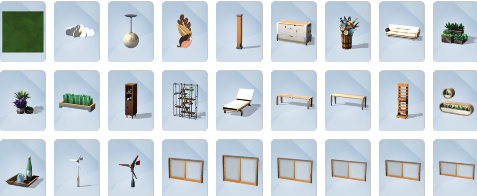 Eco Lifestyle Build/Buy mode items including vertical gardens, solar panels, dew collectors, and recycled furniture.