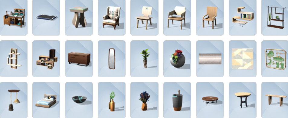 Eco Lifestyle Build/Buy mode items including vertical gardens, solar panels, dew collectors, and recycled furniture.