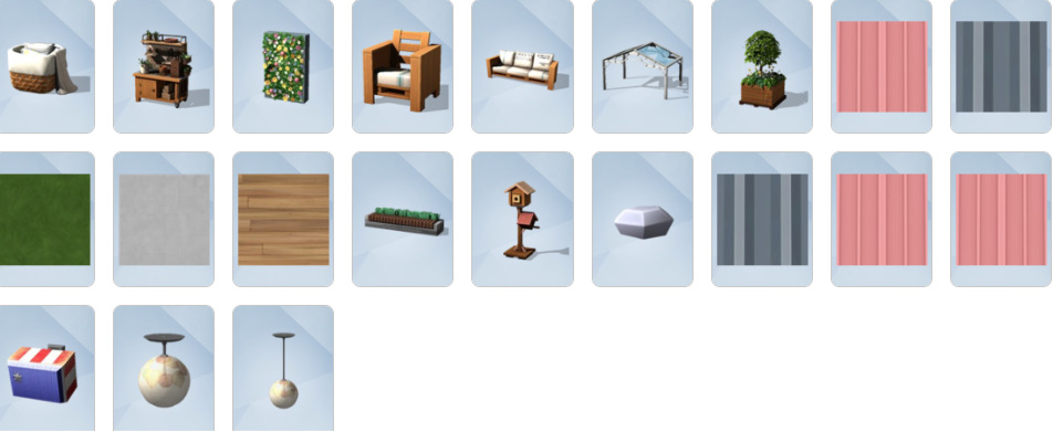 Eco Lifestyle Build/Buy mode items including vertical gardens, solar panels, dew collectors, and recycled furniture.