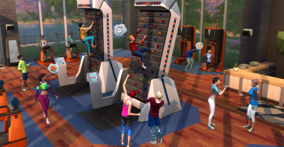 Sims climbing on a rock wall in a modern home gym.