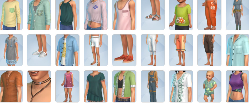Sims in The Sims 4 For Rent wearing tropical outfits and new Southeast Asian–inspired hairstyles.
