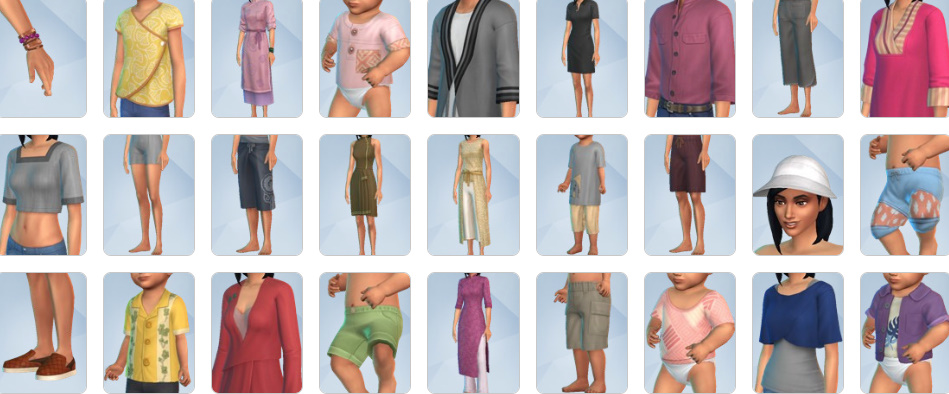 Sims in The Sims 4 For Rent wearing tropical outfits and new Southeast Asian–inspired hairstyles.