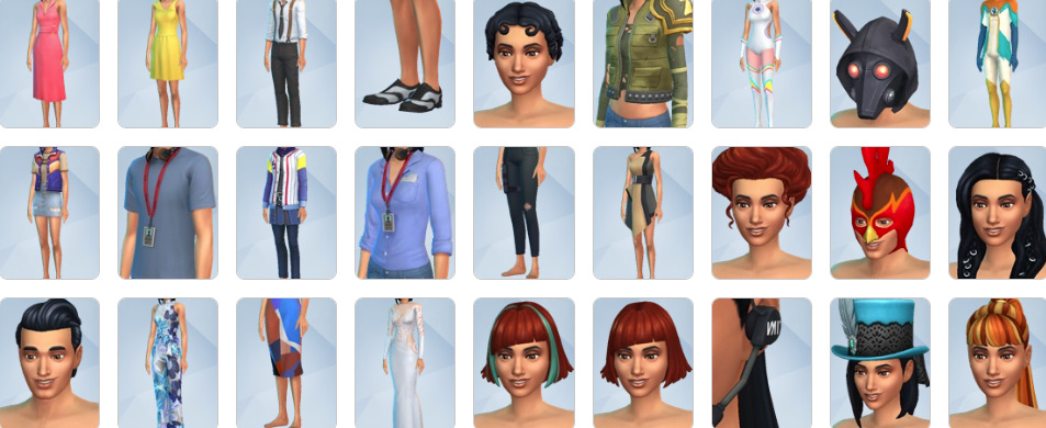 Alt Text: Sim in glamorous Get Famous gowns and hairstyles alongside quirky performance costumes in CAS.
