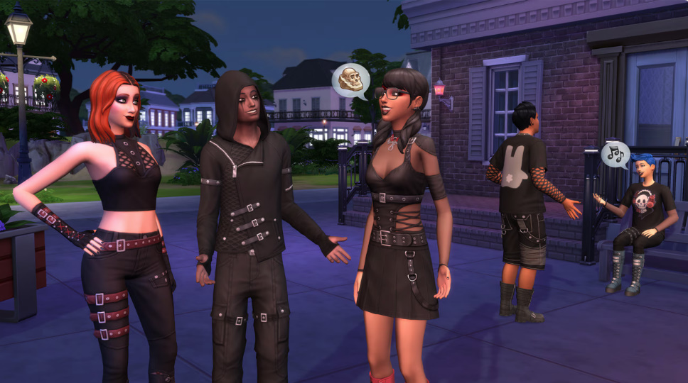 Sims in a moody gothic interior decorated with ornate furniture.