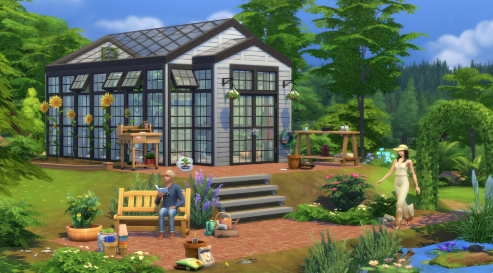 Sims inside a custom-built greenhouse filled with plants from Greenhouse Haven Kit.