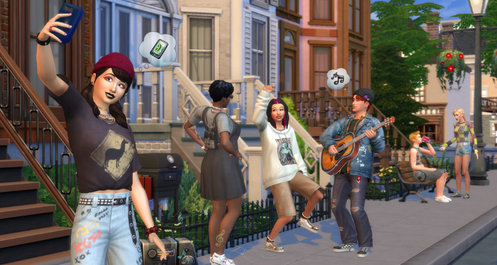 Sims posing in 90s-inspired grunge fashion from the Grunge Revival Kit.