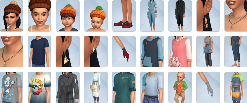 Sims wearing aprons, chef hats, and food-themed accessories in Home Chef Hustle.