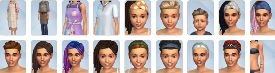 Sims wearing aprons, chef hats, and food-themed accessories in Home Chef Hustle.