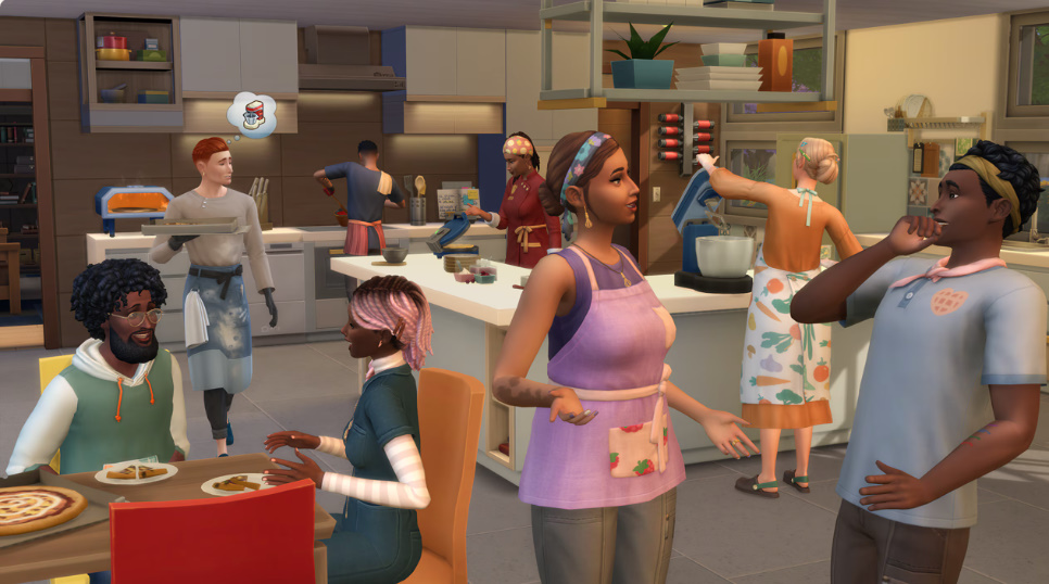 Sims using new small appliances and running a food stand.