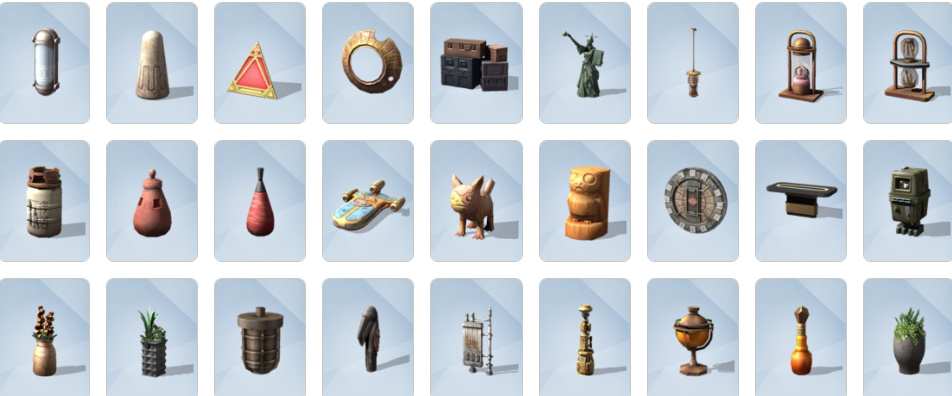 Star Wars-themed furniture, holo-tables, cantina seating, and spaceship decor from The Sims 4: Journey to Batuu Build/Buy catalogue.