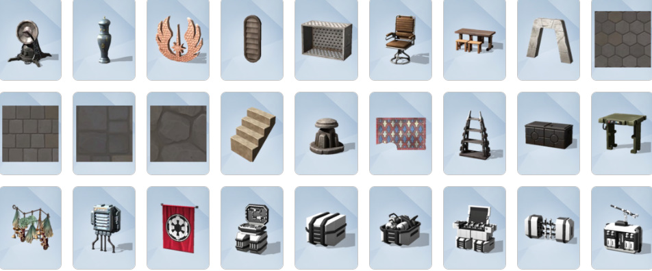 Star Wars-themed furniture, holo-tables, cantina seating, and spaceship decor from The Sims 4: Journey to Batuu Build/Buy catalogue.
