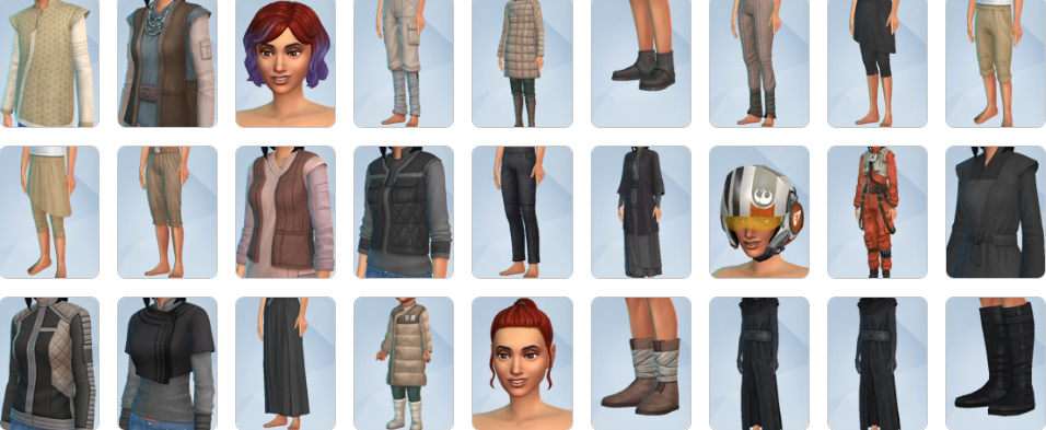 Star Wars outfits, Jedi robes, First Order uniforms, and Resistance clothing from The Sims 4: Journey to Batuu CAS.