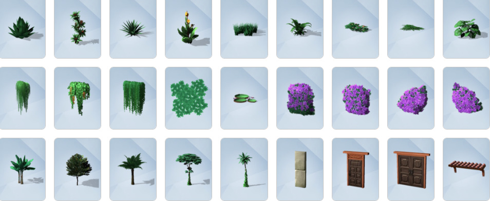 Jungle-inspired furniture, archaeology tables, relic displays, and tropical decor from The Sims 4: Jungle Adventure Build/Buy catalogue.