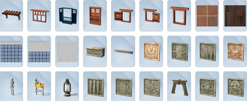 Jungle-inspired furniture, archaeology tables, relic displays, and tropical decor from The Sims 4: Jungle Adventure Build/Buy catalogue.