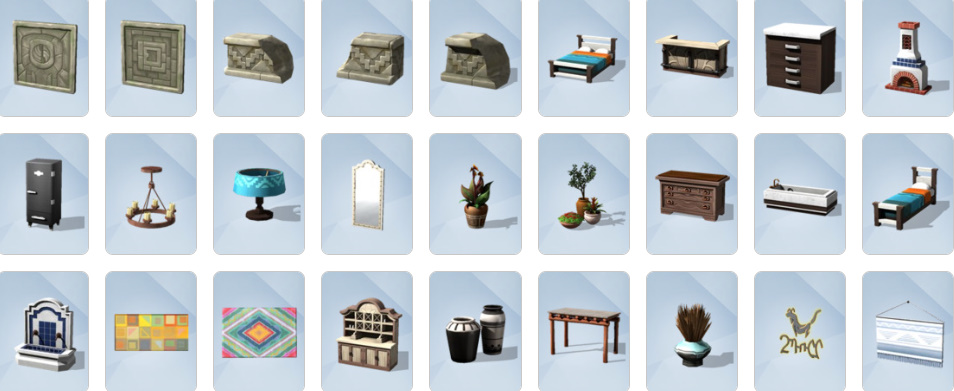 Jungle-inspired furniture, archaeology tables, relic displays, and tropical decor from The Sims 4: Jungle Adventure Build/Buy catalogue.