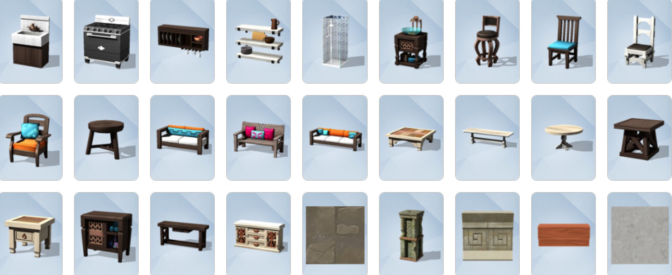 Jungle-inspired furniture, archaeology tables, relic displays, and tropical decor from The Sims 4: Jungle Adventure Build/Buy catalogue.