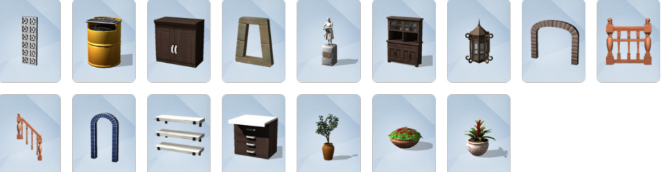 Jungle-inspired furniture, archaeology tables, relic displays, and tropical decor from The Sims 4: Jungle Adventure Build/Buy catalogue.