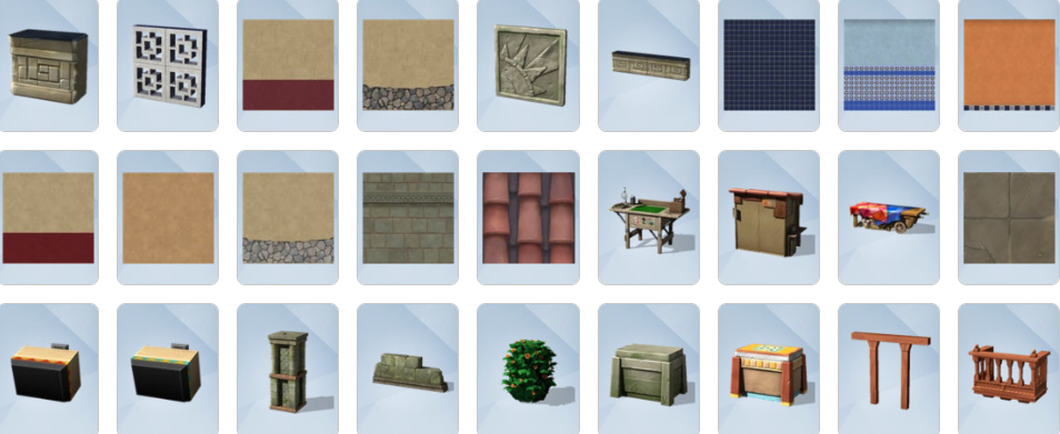 Jungle-inspired furniture, archaeology tables, relic displays, and tropical decor from The Sims 4: Jungle Adventure Build/Buy catalogue.