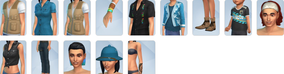 Explorer outfits, tropical dresses, and cultural clothing from The Sims 4: Jungle Adventure CAS