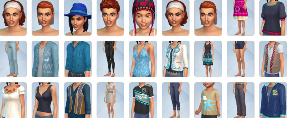 Explorer outfits, tropical dresses, and cultural clothing from The Sims 4: Jungle Adventure CAS