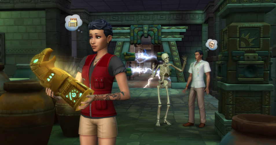 Sims exploring the jungle of Selvadorada, clearing vines and uncovering ancient temples in The Sims 4: Jungle Adventure.