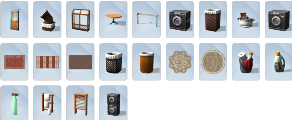 Rustic wooden furniture, laundry appliances, and décor items in a cozy living room.