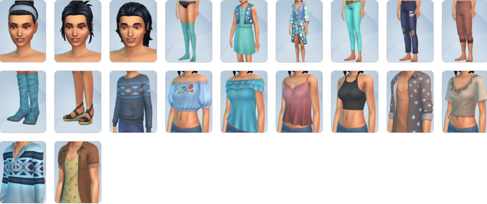 Sims wearing casual denim, floral tops, and relaxed hairstyles.
