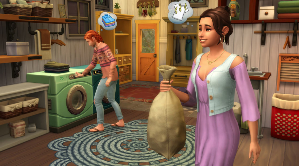 Sims doing laundry indoors and outdoors with washers, washtubs, and clotheslines.