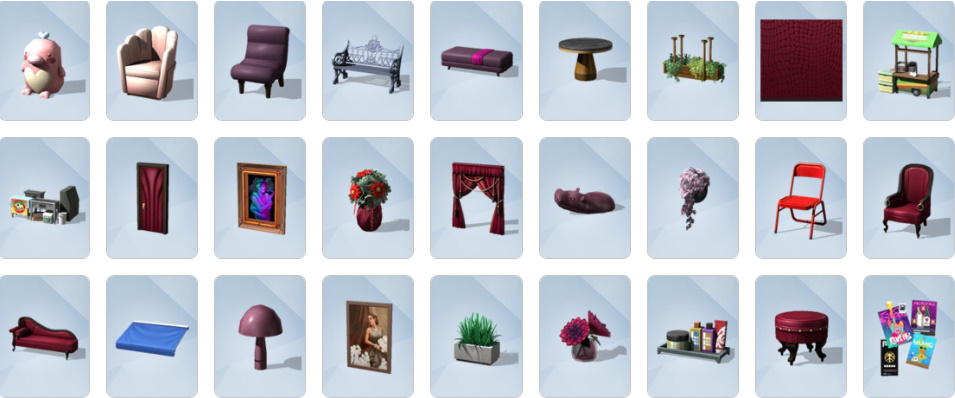 Build/Buy mode items from The Sims 4 Lovestruck including Romance Blankets, Vibromatic Heart Bed, neon wall art, and venue décor.