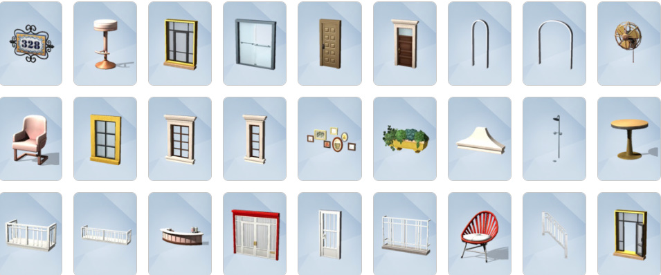 Build/Buy mode items from The Sims 4 Lovestruck including Romance Blankets, Vibromatic Heart Bed, neon wall art, and venue décor.