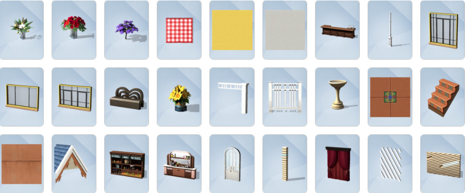 Build/Buy mode items from The Sims 4 Lovestruck including Romance Blankets, Vibromatic Heart Bed, neon wall art, and venue décor.