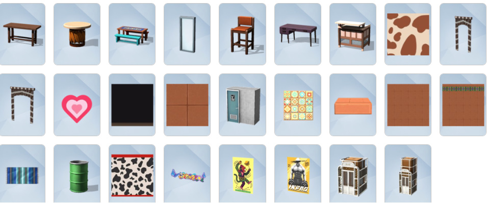 Build/Buy mode items from The Sims 4 Lovestruck including Romance Blankets, Vibromatic Heart Bed, neon wall art, and venue décor.
