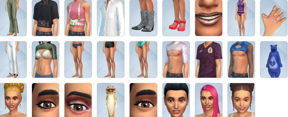 Create-a-Sim outfits and hairstyles from The Sims 4 Lovestruck including sparkly hair clips, date-night dresses, and playful costumes.