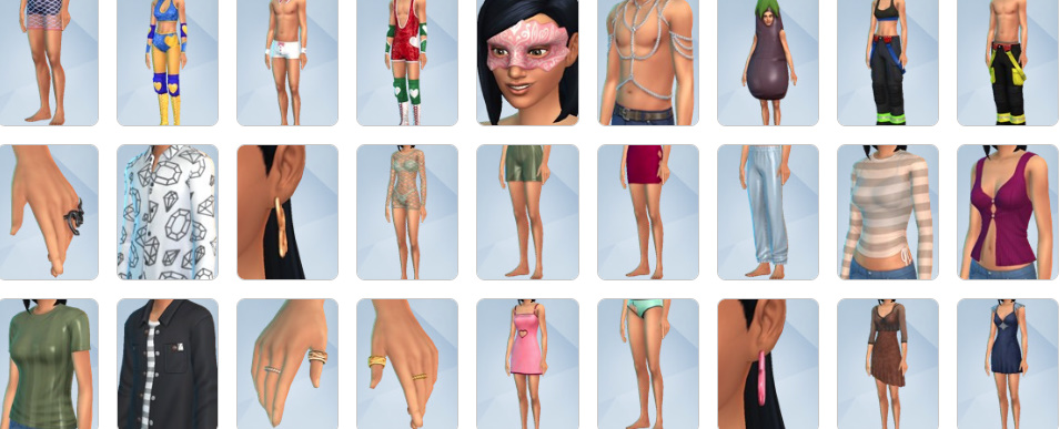 Create-a-Sim outfits and hairstyles from The Sims 4 Lovestruck including sparkly hair clips, date-night dresses, and playful costumes.