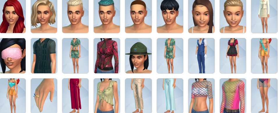 Create-a-Sim outfits and hairstyles from The Sims 4 Lovestruck including sparkly hair clips, date-night dresses, and playful costumes.