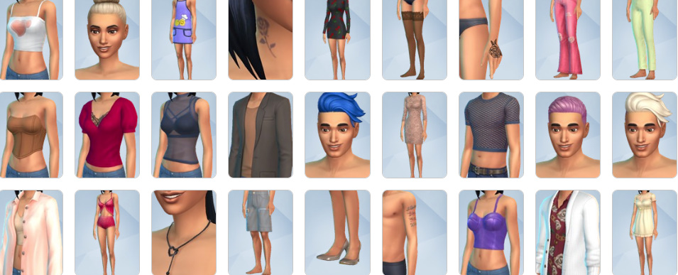 Create-a-Sim outfits and hairstyles from The Sims 4 Lovestruck including sparkly hair clips, date-night dresses, and playful costumes.