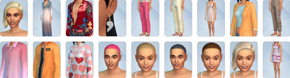 Create-a-Sim outfits and hairstyles from The Sims 4 Lovestruck including sparkly hair clips, date-night dresses, and playful costumes.